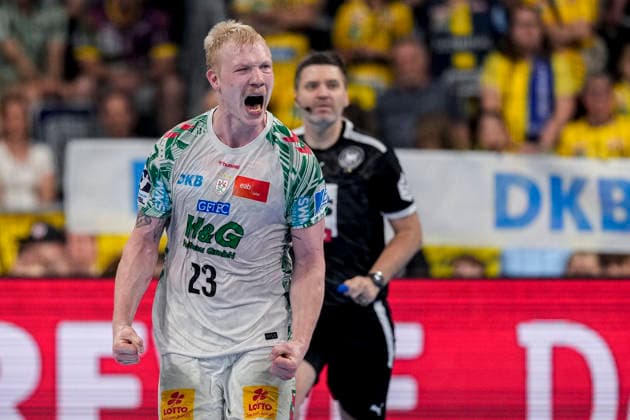 Goalscorer Magnus Saugstrup SCM, 23 , player of SC Magdeburg, cheers about a goal, cheer, cheer, goal celebration, celebrate the goal, goal, celebration, cheers about the goal, rejoicing, joy, rejoices, optimistic, positive, game scene, highlight, single picture, single photo, action, action, 24 05 2026, Mannheim Germany , Handball, Bundesliga, Rhein Neckar Löwen SC Magdeburg xozx