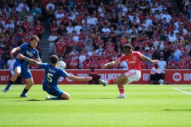 NOTTINGHAM, ENGLAND - May 24 : Morgan Gibbs-White of Nottingham Forest shoots at goal during the Premier league football match between Nottingham Forest and Bournemouth at the City Ground on May 24, 2026 in Nottingham, England.  Copyright: xPaulxBonserx xSportsxPressxPhotox Sportspressphoto_153917