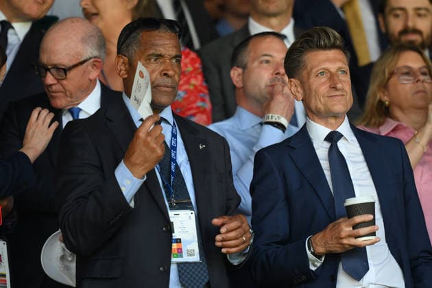 Crystal Palace v Arsenal Premier League Former Crystal Palace player Mark Bright (left) and chairman Steve Parish pictured in the stands during the Premier League match at Selhurst Park, London 24 05 2026 UK Newspapers OUT Copyright: xDanielxHamburyx FIL-23470-0057