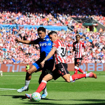 Sunderland v Chelsea Premier League Wesley Fofana of Chelsea defends against GranitÊXhaka of Sunderland during the Premier League match at the Stadium of Light, Sunderland 24 05 2026 UK Newspapers OUT Copyright: xFredxPalmerx FIL-23471-0052