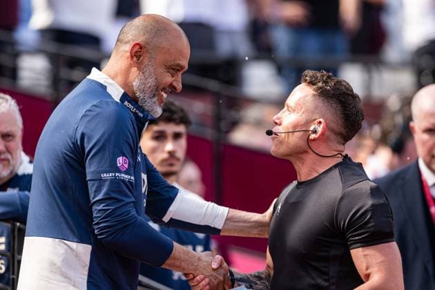 24th May 2026; London Stadium, London, England; Premier League Football, West Ham United versus Leeds United; West Ham Head Coach Nuno Espirito Santo greets fourth official Steve Martin GodfreyxPitt