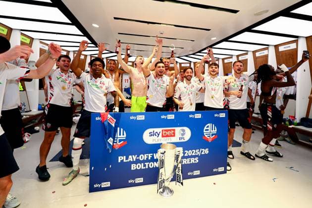 Bolton Wanderers celebrate in the changing room with the Sky Bet League One Play Off Trophy Bolton Wanderers v Stockport County, EFL Sky Bet League One, Play-Off Final, Football, Wembley Stadium, London, UK - 24 May 2026London Wembley Stadium United Kingdom EDITORIAL USE ONLY No use with unauthorised audio, video, data, fixture lists, club league logos or live services. Online in-match use limited to 120 images, no video emulation. No use in betting, games or single club league player publications.  Copyright: xPaulxCurrie Shutterstockx 16889803fz