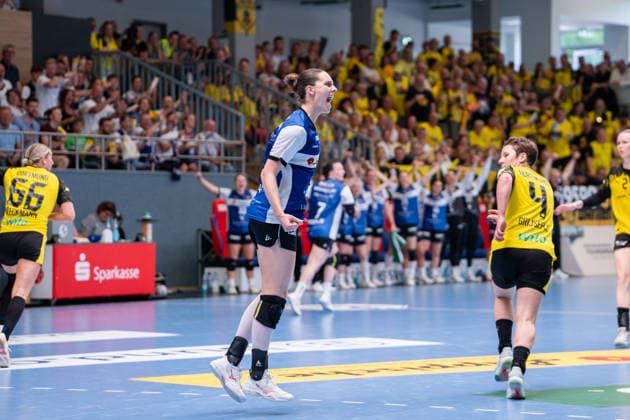 HSG Blomberg Lippe GER vs Borussia Dortmund GER Handball, 1 Handball Bundesliga Women, Final, Game 2, 24 5 2026, Season 2025 2026, Blomberg Andrea Jacobsen HSG Blomberg Lippe, 04 cheers after a goal Blomberg Sporthalle an der Ulmenallee Germany