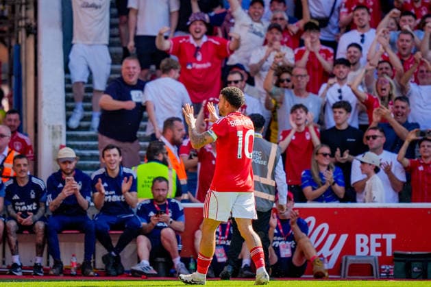 Premier League: Nottingham Forest v Bournemouth Morgan Gibbs-White of Nottingham Forest celebrates his goal to make it 1-0 during the Premier League match Nottingham Forest vs Bournemouth at City Ground, Nottingham, United Kingdom on 24 May 2026 (Photo by Maynard Manyowa News Images) Nottingham City Ground Nottinghamshire United Kingdom Copyright: xMaynardxManyowa NewsxImagesx