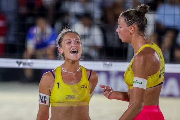 (260524) -- LAGUNA PROVINCE, May 24, 2026 -- Monika Paulikiene (L) Aine Raupelyte of Lithuania celebrate after scoring a point during the women s final match between Monika Paulikiene Aine Raupelyte of Lithuania and Madelyne Anderson Alaina Chacon of the United States at the Volleyball World Beach Pro Tour Challenge in Laguna Province, the Philippines, May 24, 2026. ) (SP)PHILIPPINES-LAGUNA PROVINCE-VOLLEYBALL WORLD BEACH PRO TOUR CHALLENGE ROUELLExUMALI 