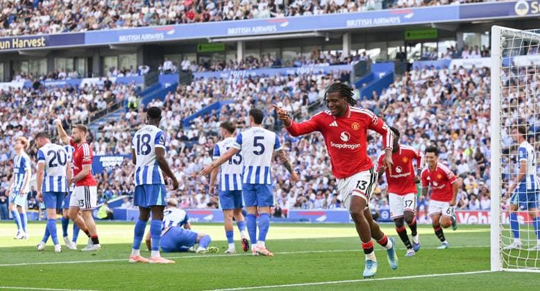 Patrick Dorgu of Manchester United, ManU celebrates after scoring the first goal during the Premier League match between Brighton and Hove Albion and Manchester United at the American Express Stadium , Brighton , UK - 24th May 2026 Brighton & Hove Albion vs Manchester United Premier League Football, Amex Stadium, Sussex, United Kingdom - 24 May 2026Brighton Amex Stadium Sussex United Kingdom EDITORIAL USE ONLY No use with unauthorised audio, video, data, fixture lists, club league logos or live services. Online in-match use limited to 120 images, no video emulation. No use in betting, games or single club league player publications. . No mer  Copyright: xSimonxDack TPI Shutterstockx 16895822w