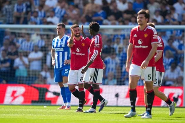 Bruno Fernandes of Manchester United, ManU celebrates another goal assist. Brighton and Hove Albion v Manchester United, Premier League, Football, American Express Community Stadium, Brighton, UK - 24 May 2026Brighton American Express Community Stadi United Kingdom EDITORIAL USE ONLY No use with unauthorised audio, video, data, fixture lists, club league logos or live services. Online in-match use limited to 120 images, no video emulation. No use in betting, games or single club league player publications.  Copyright: xSeanxRyan Shutterstockx 16889822l