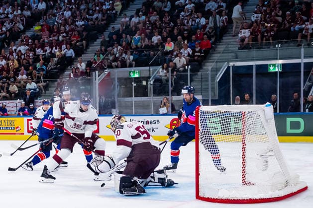 ZURICH, SWITZERLAND - MAY 24: Kristers Gudlevskis (Latvia, 50) keeping the puck during the Preliminary Round - Group A Match 43 between Great Britain and Latvia at the IIHF Ice hockey, Eishockey World Championship, WM, Weltmeisterschaft 2026, Swiss Life Arena on May 24, 2026 in Zurich, Switzerland. Zurich Switzerland Copyright: xTimoxSteinx