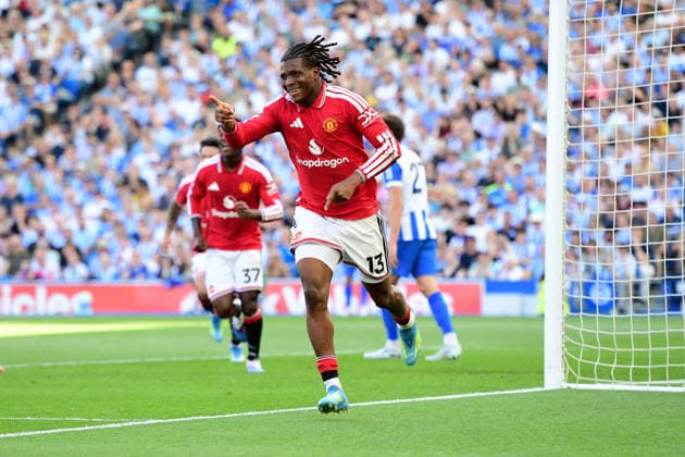 Brighton and Hove Albion v Manchester United, ManU Premier League GOAL CELEBRATION 0-1 by goal-scorer Patrick Chinazaekpere Dorgu Defender of Manchester United during the Premier League match between Brighton and Hove Albion and Manchester United at the American Express Stadium, Brighton and Hove, UK on 24 May 2026. Brighton and Hove American Express Stadium East Sussex UK Editorial use only DataCo restrictions apply See www.football-dataco.com , Copyright: xJeffxMoodx PSI-24304-0024