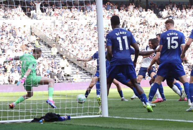 Joao Palhinha (TH), background, scores the first goal for Spurs (1-0) at the Tottenham Hotspur v Everton EPL match, at the Tottenham Hotspur Stadium, London, UK on 24th May, 2026. 