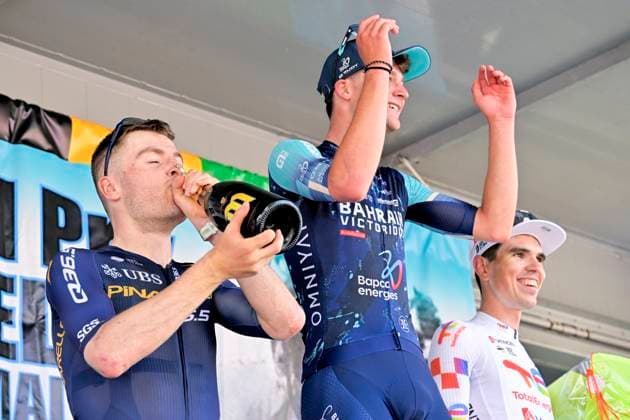 Grand Prix Criquielion 2026 Cycling Race LESSINES, BELGIUM - MAY 24 : Thierry Pierre (FRA) of TotalEnergies, Borgo Alessandro (ITA) of Bahrain Victorius, Wright Fred (GBR) of Pinarello Q36.5 Pro Cycling Team on the podium during the 58th edition of Grand Prix Criquielion an UCI Class 1.1 one day cycling road race for Men Elite of km with start in Ath and finish in Lessines on May 24, 2026 in Lessines, Belgium, 24 05 2026 Lessines Belgium  Copyright: xSesx
