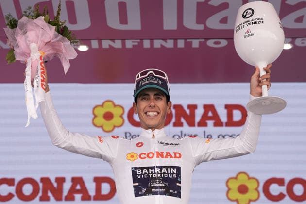 The white jersey Afonso Eulalio (Bahrain Victorious) celebrate on the podium after the Stage 15 of the Giro d™Italia, from Voghera to Milano, Italy, Sunday, May 24, 2026.  Copyright: xMassimoxPaolone LaPressex