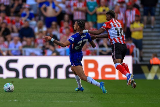 Sunderland v Chelsea Premier League Wesley Fofana of Chelsea (left) is fouled by Nilson Angulo of Sunderland during the Premier League match at the Stadium of Light, Sunderland 24 05 2026 UK Newspapers OUT Copyright: xFredxPalmerx FIL-23471-0067