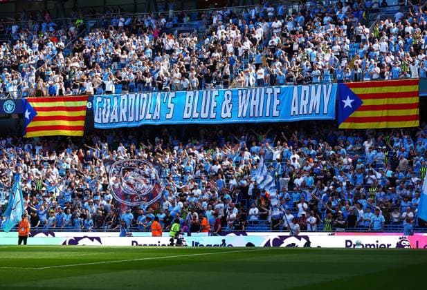 A banner is displayed for Manchester City manager Pep Guardiola Manchester City v Aston Villa, Premier League, Football, Etihad Stadium, Manchester, UK - 24 May 2026Manchester Etihad Stadium United Kingdom EDITORIAL USE ONLY No use with unauthorised audio, video, data, fixture lists, club league logos or live services. Online in-match use limited to 120 images, no video emulation. No use in betting, games or single club league player publications.  Copyright: xMattxWest Shutterstockx 16889851aa