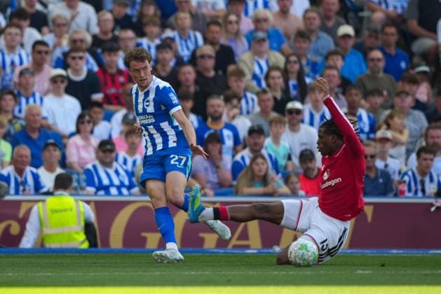 Mats Wieffer of Brighton passes while under pressure fromPatrick Dorgu of Manchester United, ManU Brighton and Hove Albion v Manchester United, Premier League, Football, American Express Community Stadium, Brighton, UK - 24 May 2026Brighton American Express Community Stadi United Kingdom EDITORIAL USE ONLY No use with unauthorised audio, video, data, fixture lists, club league logos or live services. Online in-match use limited to 120 images, no video emulation. No use in betting, games or single club league player publications.  Copyright: xSeanxRyan Shutterstockx 16889822ab