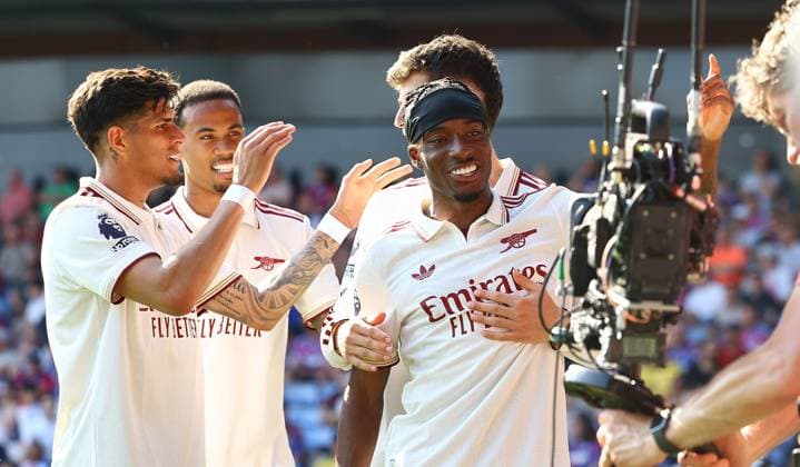 Noni Madueke of Arsenal celebrates scoring their sides second goal Crystal Palace v Arsenal, Premier League, Football, Selhurst Park, London, UK - 24 May 2026London Selhurst Park United Kingdom EDITORIAL USE ONLY No use with unauthorised audio, video, data, fixture lists, club league logos or live services. Online in-match use limited to 120 images, no video emulation. No use in betting, games or single club league player publications.  Copyright: xMichaelxZemanek Shutterstockx 16889837at