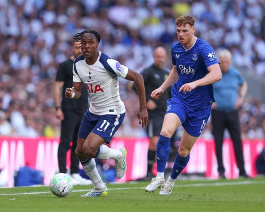 LONDON, ENGLAND - MAY 24: Mathys Tel of Tottenham Hotspur pressured by Jake O Brien of Everton during the Premier League match between Tottenham Hotspur and Everton at Tottenham Hotspur Stadium on May 24, 2026 in London, England.  Copyright: xJayxPatel SPPx Sportspressphoto_154079