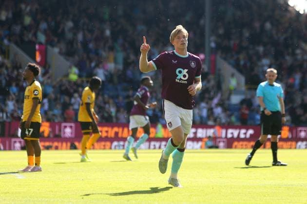 Zian Flemming of Burnley celebrates scoring their sides first goal Burnley v Wolverhampton Wanderers, Premier League, Football, Turf Moor, Burnley, UK - 24 May 2026Burnley Turf Moor United Kingdom EDITORIAL USE ONLY No use with unauthorised audio, video, data, fixture lists, club league logos or live services. Online in-match use limited to 120 images, no video emulation. No use in betting, games or single club league player publications.  Copyright: xPhilxOldham Shutterstockx 16889832v