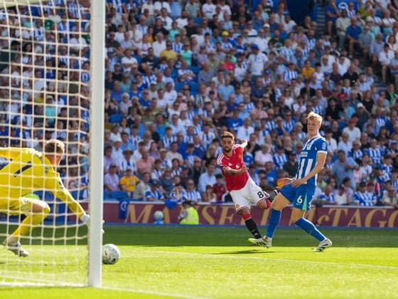 Goal - Bruno Fernandes of Manchester United, ManU scores the third goal. Brighton and Hove Albion v Manchester United, Premier League, Football, American Express Community Stadium, Brighton, UK - 24 May 2026Brighton American Express Community Stadi United Kingdom EDITORIAL USE ONLY No use with unauthorised audio, video, data, fixture lists, club league logos or live services. Online in-match use limited to 120 images, no video emulation. No use in betting, games or single club league player publications.  Copyright: xSeanxRyan Shutterstockx 16889822ao