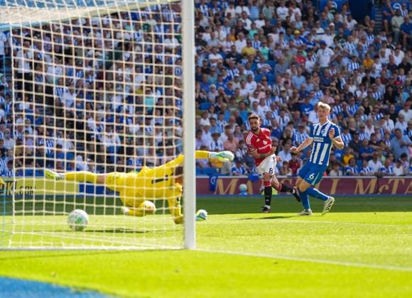Goal - Bruno Fernandes of Manchester United, ManU scores the third goal. Brighton and Hove Albion v Manchester United, Premier League, Football, American Express Community Stadium, Brighton, UK - 24 May 2026Brighton American Express Community Stadi United Kingdom EDITORIAL USE ONLY No use with unauthorised audio, video, data, fixture lists, club league logos or live services. Online in-match use limited to 120 images, no video emulation. No use in betting, games or single club league player publications.  Copyright: xSeanxRyan Shutterstockx 16889822ap