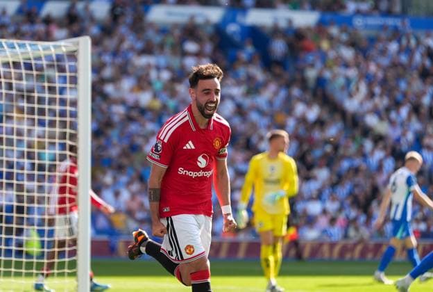Goal - Bruno Fernandes of Manchester United, ManU celebrates the third goal. Brighton and Hove Albion v Manchester United, Premier League, Football, American Express Community Stadium, Brighton, UK - 24 May 2026Brighton American Express Community Stadi United Kingdom EDITORIAL USE ONLY No use with unauthorised audio, video, data, fixture lists, club league logos or live services. Online in-match use limited to 120 images, no video emulation. No use in betting, games or single club league player publications.  Copyright: xSeanxRyan Shutterstockx 16889822ar