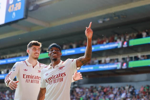 Premier League 2025 26 Crystal Palace v Arsenal Selhurst Park Stadium 24.05.2026 Noni Madueke of Arsenal scores and celebrates 0-2 Premier League 2025 26 Crystal Palace v Arsenal Selhurst Park Stadium 24.05.2026 Photograph By Marc Aspland The Times  Copyright: xMarcxAsplandx NINTCHDBPICT001083601278