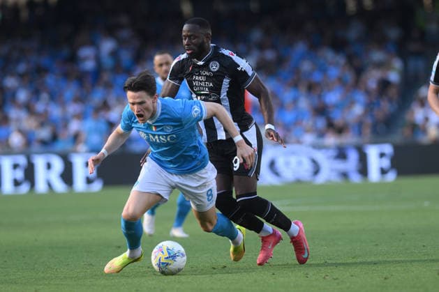 Napoli s Scott McTominay challenges for the ball with Udinese s Keinan Davis of during the Serie A soccer match between Napoli and Udinese at the Diego Armando Maradona Stadium in Naples, southern italy - Sunday , May 24, 2026. - Soccer .  Copyright: xAlessandroxGarofalo LaPressex