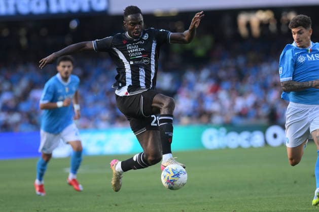 Udinese s Oumar Solet in action during the Serie A soccer match between Napoli and Udinese at the Diego Armando Maradona Stadium in Naples, southern italy - Sunday , May 24, 2026. - Soccer .  Copyright: xAlessandroxGarofalo LaPressex