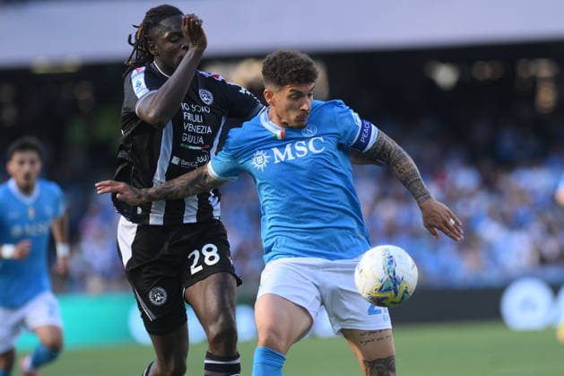Napoli™s Giovanni Di Lorenzo challenges for the ball with Udinese s Oumar Solet during the Serie A soccer match between Napoli and Udinese at the Diego Armando Maradona Stadium in Naples, southern italy - Sunday , May 24, 2026. - Soccer .  Copyright: xAlessandroxGarofalo LaPressex