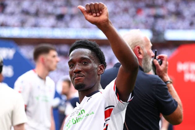 London, England, 24th May 2026. Amario Cozier-Duberry of Bolton Wanderers celebrates victory during the Bolton Wanderers vs Stockport County Sky Bet League 1 play off final match at Wembley Stadium, London. Picture credit should read: Jake Youle Sportimage EDITORIAL USE ONLY. No use with unauthorised audio, video, data, fixture lists, club league logos or live services. Online in-match use limited to 120 images, no video emulation. No use in betting, games or single club league player publications. SPI_021_JY_Stockport_County_Bolton_Wanderers SPI-4821-0021