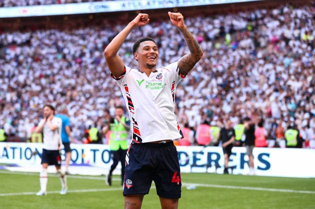 London, England, 24th May 2026. Mason Burstow of Bolton Wanderers celebrates victory during the Bolton Wanderers vs Stockport County Sky Bet League 1 play off final match at Wembley Stadium, London. Picture credit should read: Jake Youle Sportimage EDITORIAL USE ONLY. No use with unauthorised audio, video, data, fixture lists, club league logos or live services. Online in-match use limited to 120 images, no video emulation. No use in betting, games or single club league player publications. SPI_024_JY_Stockport_County_Bolton_Wanderers SPI-4821-0024