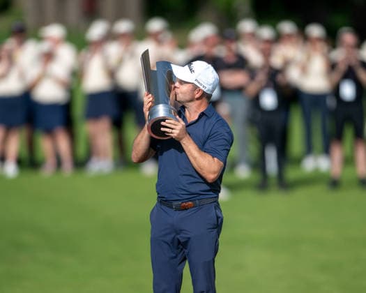 ANTWERP, BELGIUM - MAY 24: Richard Sterne of South Africa holds the Champions Trophy after winning the of the Soudal Open at Rinkven International Golf Club on May 24, 2026 in Antwerp, Belgium. Credit: Andy Astfalck NurPhoto Belgium Copyright: xAndyxAstfalckx