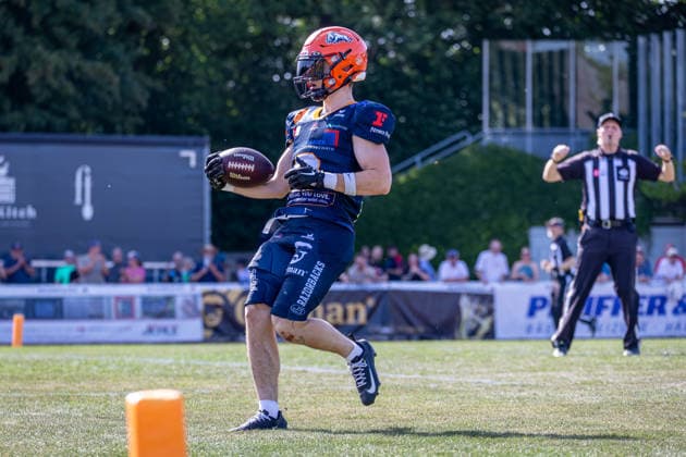 Touchdown Aniel Buße (ifm Razorbacks Ravensburg, 03 Wide Receiver) ifm Razorbacks Ravensburg vs Allgäu Comets, American Football, German Football League, Week 3, 2026, 24.05.2026, Weingarten TeleData Stadion am Lindenhof Baden Württemberg Germany Copyright: xFootxBowl SebastianxJustx