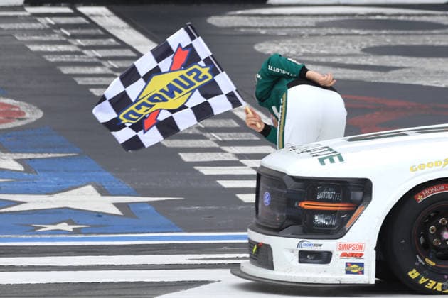 CHARLOTTE, NC - MAY 24: Layne Riggs ( 34 Front Row Motorsports University of North Carolina at Charlotte Ford) celebrates by taking a bow in honor of the late Kyle Busch after winning the rain delayed NASCAR, Motorsport, USA Craftsman Truck Series NC Education Lottery 200 on May 24, 2026 at Charlotte Motor Speedway in Charlotte, NC. (Photo by Jeff Robinson Icon Sportswire) AUTO: MAY 24 NASCAR CRAFTSMAN Truck Series NC Education Lottery 200 EDITORIAL USE ONLY Icon2605244691200