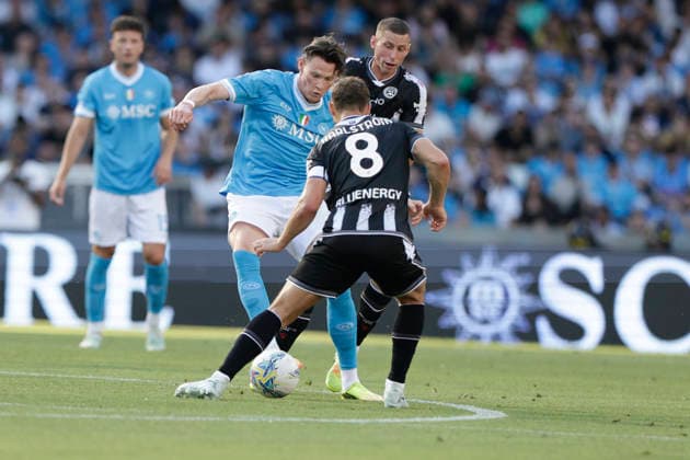 Italy: Serie a football match SSC Napoli vs Udinese Napoli s Scottish midfielder Scott McTominay challenges for the ball with Udinese s Swedish midfielder Jesper Karlstrom during the Serie A football match between SSC Napoli and Udinese at the Diego Armando Maradona Stadium in Naples, on May 24, 2026. _BPH1224 Copyright: xAntonioxBalascox