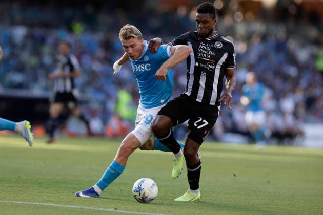 Italy: Serie a football match SSC Napoli vs Udinese Napoli s Danish forward Rasmus Hojlund challenges for the ball with Udinese s Belgian defender Christian Kabasele during the Serie A football match between SSC Napoli and Udinese at the Diego Armando Maradona Stadium in Naples, on May 24, 2026. _BPH1980 Copyright: xAntonioxBalascox