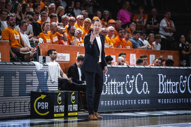 1 Basketball Bundesliga, easyCredit BBL, Season 2025 2026, Men, Playoffs, Quarterfinals, Game 4, 24 05 2026, RASTA Vechta ALBA Berlin Christian Held Head Coach RASTA Vechta during the game Vechta RASTA Dome Lower Saxony Germany