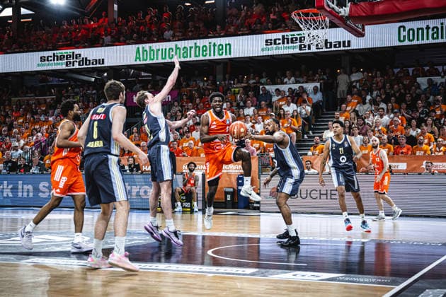 1 Basketball Bundesliga, easyCredit BBL, Season 2025 2026, Men, Playoffs, Quarterfinals, Game 4, 24 05 2026, RASTA Vechta ALBA Berlin TJ Bamba 5 RASTA Vechta in action Vechta RASTA Dome Lower Saxony Germany