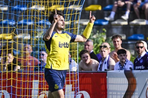 Union s Mateo Biondic celebrates after scoring during a soccer match between Royale Union Saint-Gilloise and RSC Anderlecht, Sunday 24 May 2026 in Brussels, on the last day of the Champion s Play-offs of the 2025-2026 Jupiler Pro League first division of the Belgian championship. TOM GOYVAERTS TomxGoyvaerts  x174937275x