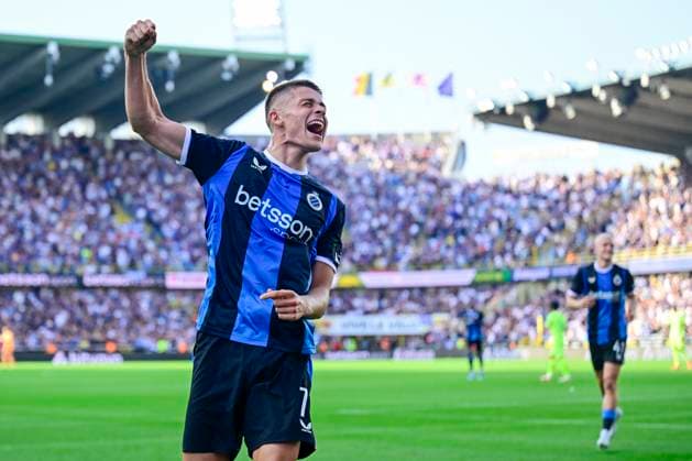 Club Brugge v KAA Gent - Jupiler Pro League Champions Play-Off BRUGGE, BELGIUM - MAY 24 : Tresoldi Nicolo forward of Club Brugge scores a second goal during the Jupiler Pro League Champions Play-Off match between Club Brugge and KAA Gent on May 24, 2026 in Brugge, Belgium, 24 05 2026 Brugge Belgium  Copyright: xJanxDexMeuleneirx