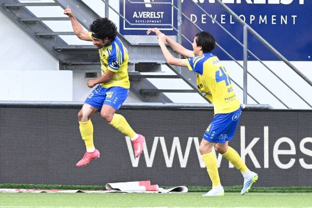 STVV s Taiga Hata celebrates after scoring during a soccer match between Sint-Truiden VV and KV Mechelen, Sunday 24 May 2026 in Sint-Truiden, on the last day of the Champion s Play-offs of the 2025-2026 Jupiler Pro League first division of the Belgian championship. JILLxDELSAUX  x174940357x