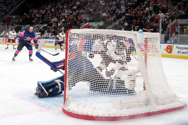IIHF - World Championship, WM, Weltmeisterschaft - Great Britain vs Latvija - Martins Dzierkals scores the first goal of the match Zurich Swiss Life Arena Zürich Schweiz Copyright: xSergioxBrunettix