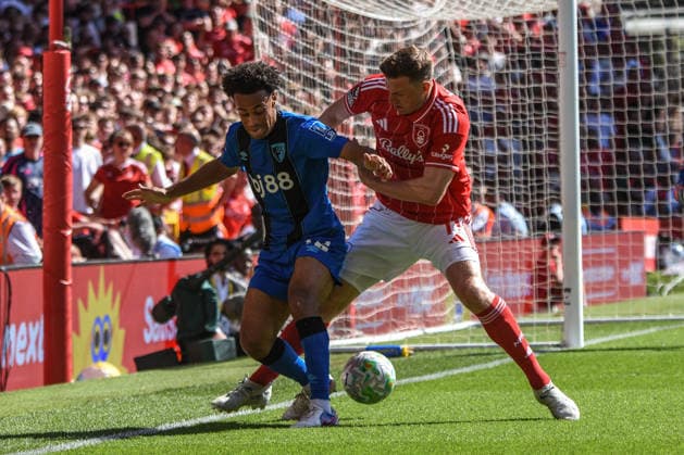 Nottingham Forest v Bournemouth, English Premier League, The City Ground, Nottingham, UK - 24 May 2026 Bournemouth s Tyler Adams and Nottingham Forest s Chris Wood challenge for the ball , UK NEWSPAPERS OUT Copyright: xRichardxBowcottx