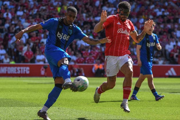 Nottingham Forest v Bournemouth, English Premier League, The City Ground, Nottingham, UK - 24 May 2026 Bournemouth s Tyler Adams clears the ball with Nottingham Forest s Morgan Gibbs-White close by , UK NEWSPAPERS OUT Copyright: xRichardxBowcottx