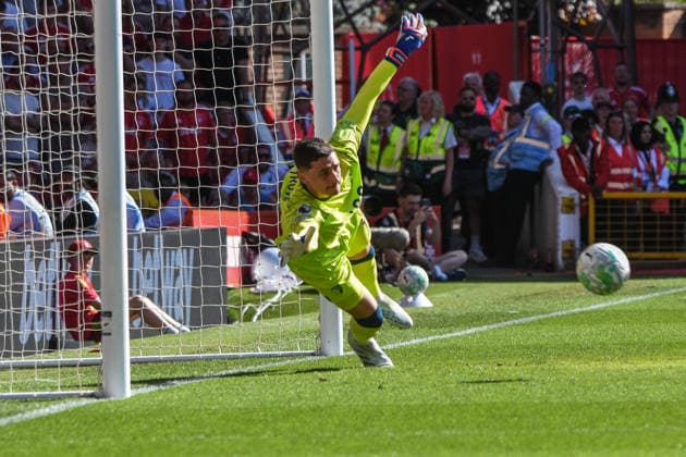 Nottingham Forest v Bournemouth, English Premier League, The City Ground, Nottingham, UK - 24 May 2026 Bournemouth s Djordje Petrovic dives but cant stop Nottingham Forest s Morgan Gibbs-White shot and goal , UK NEWSPAPERS OUT Copyright: xRichardxBowcottx