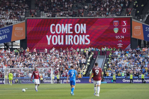 LONDON, ENGLAND, MAY 24: Scoreboard displays 3-0 to West Ham during the FA Cup match between West Ham United and Leeds United at London Stadium on May 24th, 2026 in London, England (Photo by Alexander Canillas Sports Press Photo)  Copyright: xAlexanderxCanillas SPPx Sportspressphoto_154136