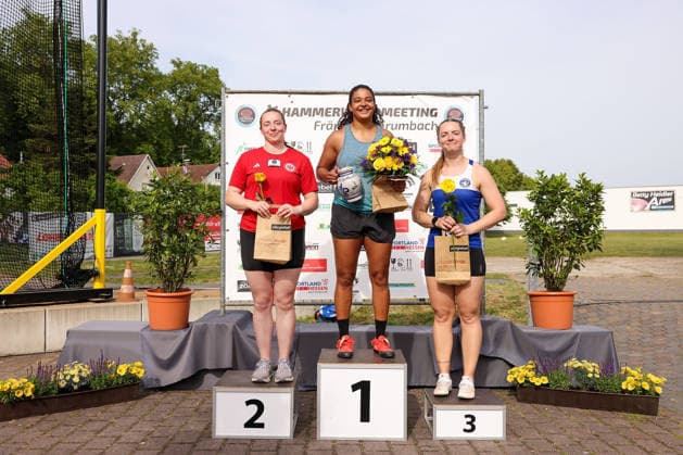 Fränkisch Crumbach on May 24, 2026 Hammer Throw Meeting in Fränkisch Crumbach , HAM Women, women A , age group from 2003 v l , Women A Podium, 2nd place BORUTTA,Samantha GER Eintracht Frankfurt, 1st place WEIR, Jilian CAN , 3rd place HALLERTH, Rebecka SWE Sweden Copyright: JoaquimxFerreira