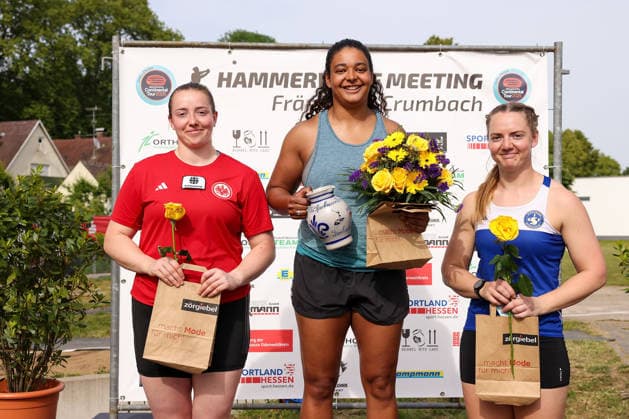 Fränkisch Crumbach on May 24, 2026 Hammer Throw Meeting in Fränkisch Crumbach , HAM Women, women A , age group from 2003 v l , Women A Podium, 2nd place BORUTTA,Samantha GER Eintracht Frankfurt, 1st place WEIR, Jilian CAN , 3rd place HALLERTH, Rebecka SWE Sweden Copyright: JoaquimxFerreira