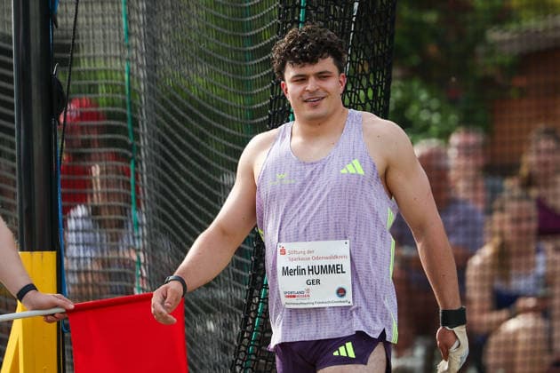 Fränkisch Crumbach on May 24, 2026 Hammer Throw Meeting in Fränkisch Crumbach , HAM, Men A, age group from 2003 v l , HUMMEL, Merlin GER Eintracht Frankfurt, is satisfied Copyright: JoaquimxFerreira
