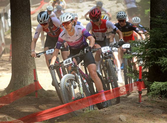 World Cup cross country mountain elite women s race, Vysocina Arena, Nove Mesto na Morave, May 24, 2026. From left: Oda Laforce from Norway, Jitka Cabelicka from Czechia and Gabriela Wojtyla from Poland. (CTKxPhoto LiborxPlihal) CTKPhotoP2026052405472  CTKPhotoP2026052405472